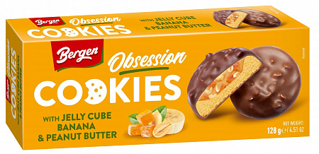 Печенье Obsession с кусочками желе со вкус банана и арахисом в молочной глазури 128г