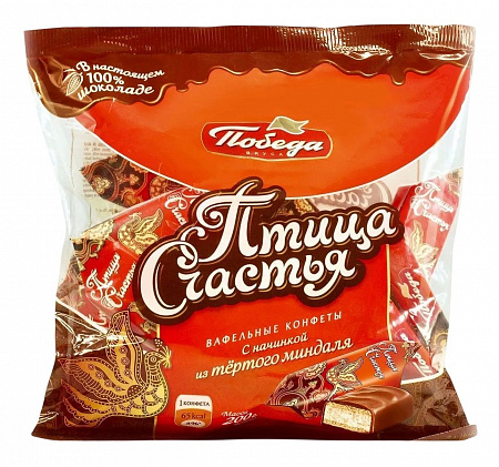 Конфеты ПОБЕДА Птица счастья с начинкой из тертого миндаля в слив.ш-де 200г