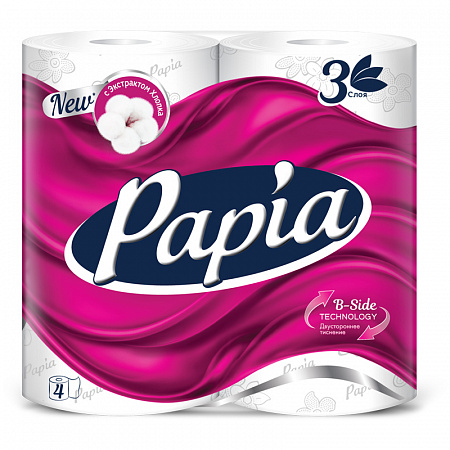 Бумага туалетная PAPIA белая 3сл 4шт