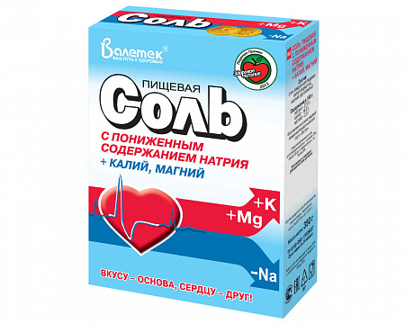 Соль ВАЛЕТЕК пищевая с пониженным содержанием натрия+калий,магний 350г