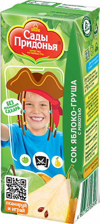 Сок САДЫ ПРИДОНЬЯ д/малышей яблоко/груша с мякотью с 5мес 0,2л т/п