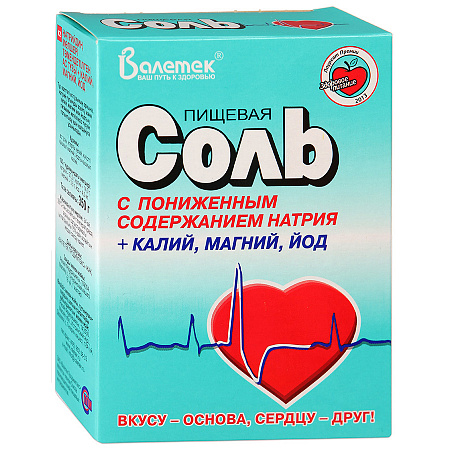 Соль ВАЛЕТЕК пищевая с пониженным содержанием натрия+калий,магний,йод 350г